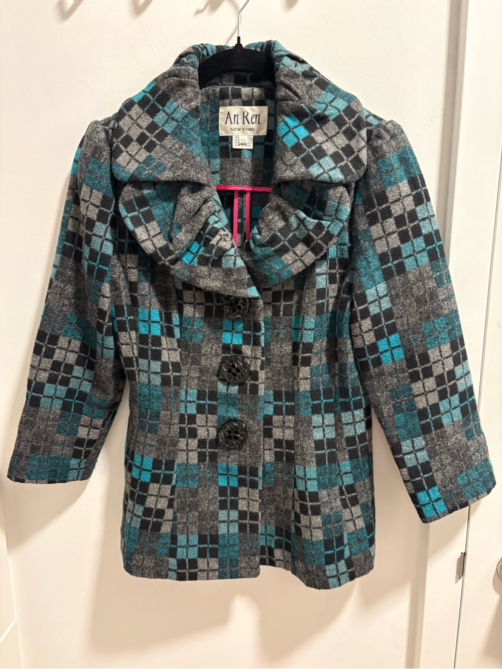 Ann Ren Plaid Short Wool-Blend Jacket in Teal and Gray